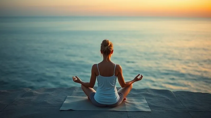photorealistic, professional photography, 8K, cinematic lighting, sharp focus, depth of field, shot on a high-end DSLR. A person meditating peacefully on a yoga mat overlooking a calm ocean at sunrise, with a subtle glow around them, symbolizing mental clarity and inner peace amidst external uncertainty. The colors are soft and warm.