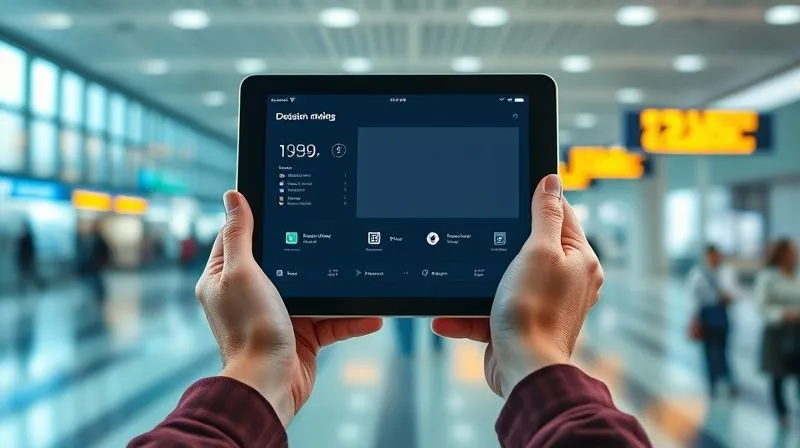 photorealistic, professional photography, 8K, cinematic lighting, sharp focus, depth of field, shot on a high-end DSLR. A pair of hands holding a tablet displaying a minimalist decision-making app interface, with a blurred but vibrant background of a bustling international airport, symbolizing technology bringing order to travel chaos.