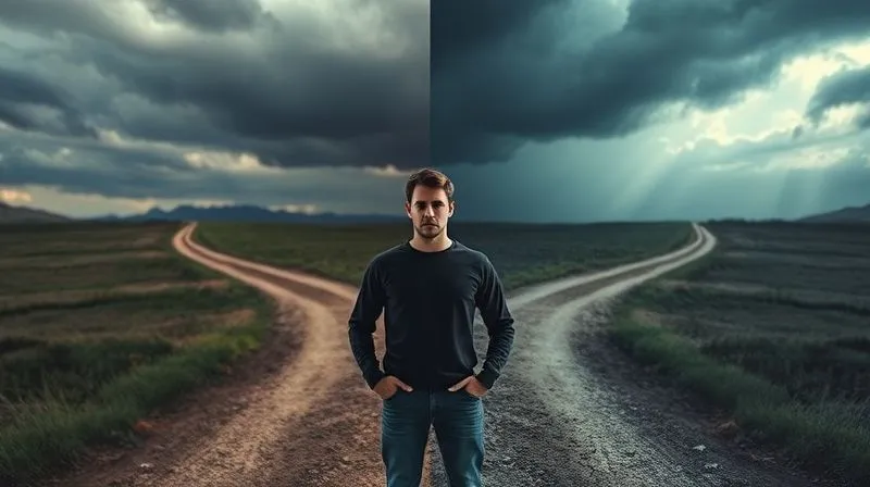 A photorealistic image of a person standing in front of two diverging paths, one leading to a bright, clear landscape and the other to a stormy, dark one. The person looks thoughtful but composed, weighing options. Cinematic lighting, sharp focus, depth of field, 8K hyper-detailed, professional photography.