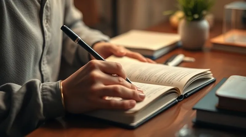 A photorealistic image of a person meticulously writing notes in a journal, surrounded by a calm, organized workspace. Soft, warm lighting, sharp focus on the journal and pen, depth of field, 8K hyper-detailed, professional photography.