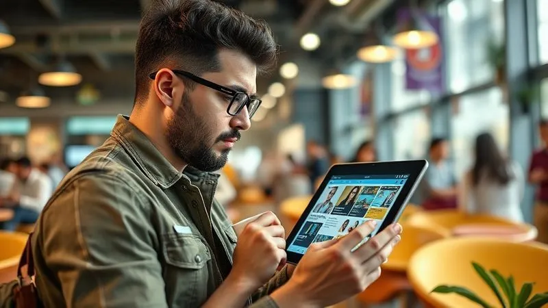 A photorealistic image of a digital nomad using a tablet in a bustling co-working space, with a seamless, intuitive user interface displaying educational content. The nomad is focused, sipping coffee, surrounded by a vibrant, diverse environment. Cinematic lighting, sharp focus on the tablet and user, depth of field blurring the background. 8K hyper-detailed, professional photography, shot on a high-end DSLR.