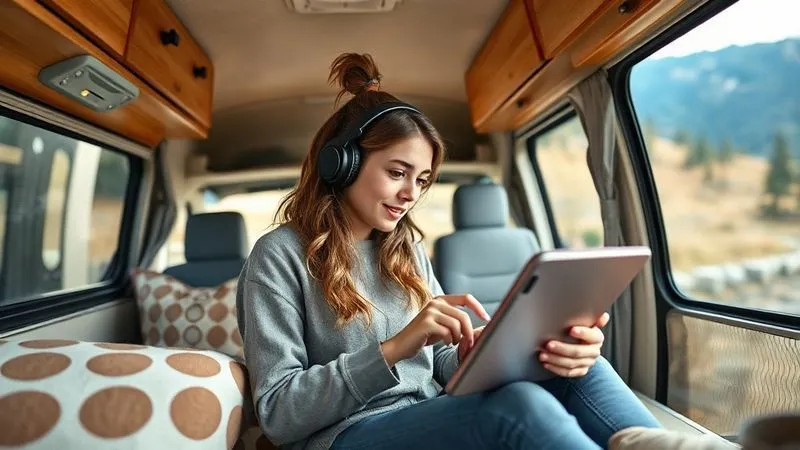 A photorealistic image of a young woman studying intently on a tablet, sitting inside a cozy camper van parked amidst a serene natural landscape. She has headphones on, and the tablet screen clearly shows educational content, even without an obvious internet connection. Cinematic lighting, sharp focus on the woman and tablet, depth of field blurring the scenic background. 8K hyper-detailed, professional photography, shot on a high-end DSLR.