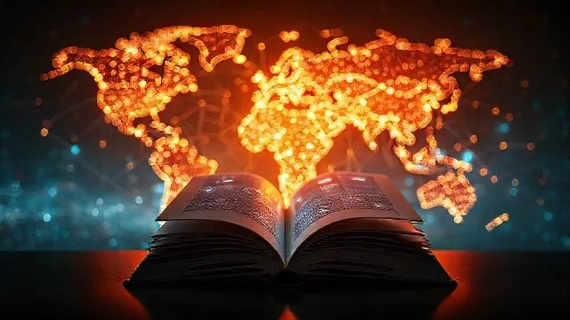 A photorealistic image symbolizing the future of learning for digital nomads: a glowing, intricate network of interconnected digital nodes forming a global map, with light trails representing knowledge flowing seamlessly between diverse, remote locations. In the foreground, a stylized, open book with holographic projections of educational content. Cinematic lighting, sharp focus on the network and book, depth of field blurring the distant glow. 8K hyper-detailed, professional photography, shot on a high-end DSLR.