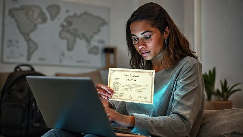 A digital nomad in a minimalist, modern apartment, thoughtfully examining a glowing digital certificate on a sleek laptop screen. The certificate's light illuminates her face, reflecting determination and understanding. In the background, subtle elements like a world map, a packed minimalist backpack, and a potted plant hint at the nomadic lifestyle. The scene is calm yet purposeful. Photorealistic, professional photography, 8K, cinematic lighting, sharp focus on the laptop and certificate, depth of field blurring the background, shot on a high-end DSLR.