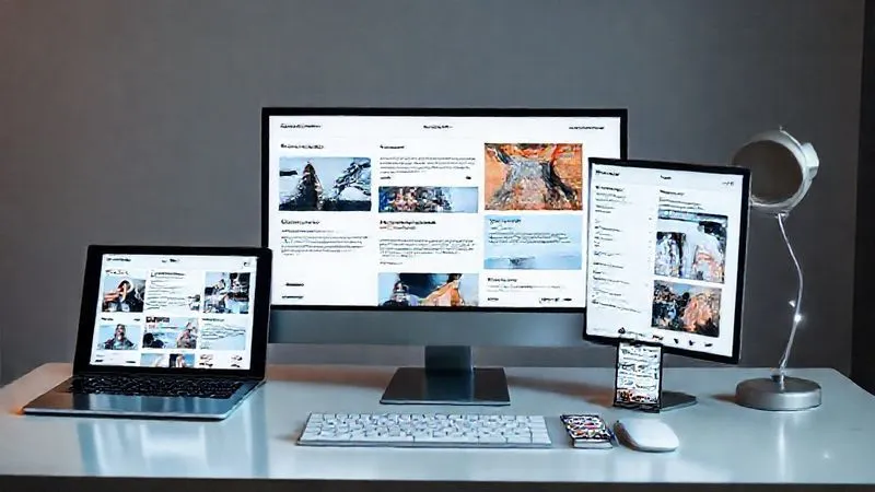 A sleek, modern digital portfolio displayed across multiple screens: a laptop, a tablet, and a smartphone, all showing different sections of the portfolio. The screens are arranged aesthetically on a minimalist desk, with subtle digital elements like glowing data points and lines connecting them. The portfolio content includes examples of projects, testimonials, and small, integrated icons representing MOOC certificates. Professional photography, 8K, cinematic lighting, sharp focus on the screens, depth of field blurring the background, shot on a high-end DSLR.