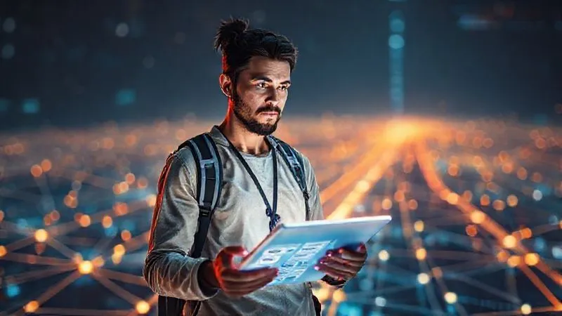 A digital nomad, with a determined yet thoughtful expression, confidently navigating a complex, glowing network of interconnected data points and pathways. The background is a futuristic, abstract representation of a digital landscape, symbolizing challenges and opportunities. The nomad is holding a glowing digital tablet, with various MOOC certificates subtly integrated into the interface, representing their tools and knowledge. Photorealistic, professional photography, 8K, cinematic lighting, sharp focus on the nomad and the glowing network, depth of field blurring the distant background, shot on a high-end DSLR.