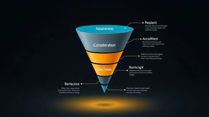 A photorealistic infographic showing a three-stage funnel: 'Awareness' at the top, 'Consideration' in the middle, and 'Decision' at the bottom, with relevant content types associated with each stage. Cinematic lighting, sharp focus, 8K, professional photography.