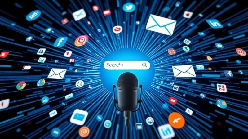 A photorealistic image of various digital marketing channels (social media icons, search engine bar, email envelope, podcast microphone) radiating outwards from a central piece of content, symbolizing content distribution. Cinematic lighting, sharp focus, 8K, professional photography.