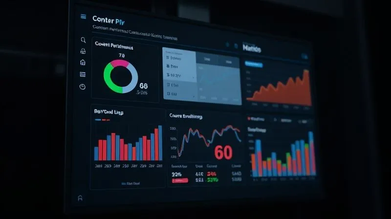A photorealistic image of a data dashboard displaying various KPIs related to content performance and course enrollments, with graphs and charts showing growth trends. The screen has a slight glow in a dark, professional setting. Cinematic lighting, sharp focus, 8K, professional photography.