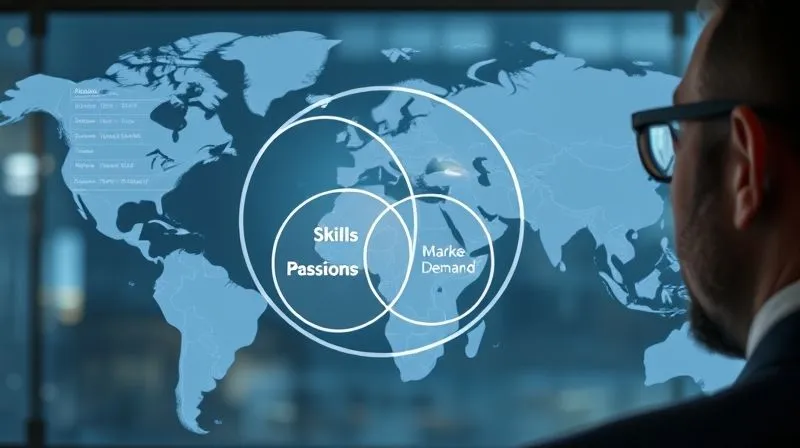 A photorealistic, professional photography shot of a person thoughtfully looking at a Venn diagram on a transparent screen, overlaying a map of the world. The diagram shows three overlapping circles: 'Skills', 'Passions', and 'Market Demand', with the intersection clearly highlighted. Cinematic lighting, sharp focus on the person and screen, 8K hyper-detailed, depth of field blurring the background. Shot on a high-end DSLR.
