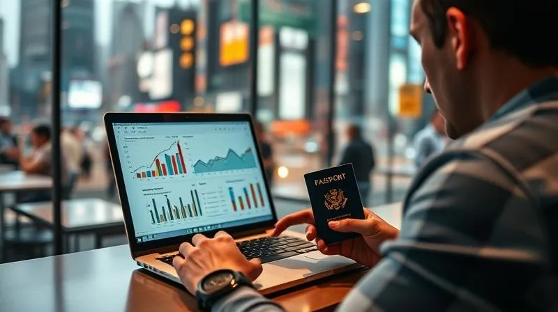 A photorealistic image of a person at a bustling co-working space in a vibrant city, looking at a digital dashboard on a laptop with complex financial graphs and tax forms, while holding a passport. The scene has cinematic lighting, sharp focus on the laptop and passport, with the depth of field blurring the background city. 8K hyper-detailed, professional photography, shot on a high-end DSLR.