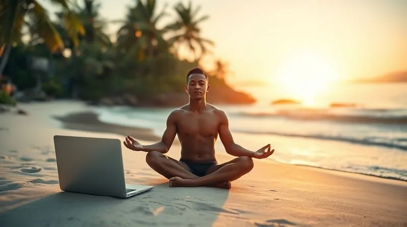 A photorealistic, professional photography shot of a person meditating peacefully on a tropical beach at sunrise, with a laptop closed beside them, symbolizing work-life balance for a digital nomad. Cinematic lighting, soft warm colors, sharp focus on the person, depth of field blurring the ocean waves. 8K hyper-detailed, shot on a high-end DSLR.