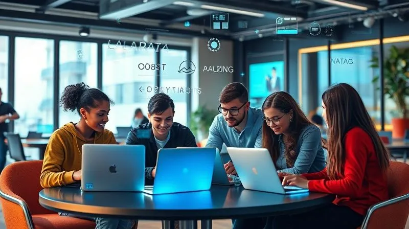 A photorealistic image of a diverse group of digital nomads, each with a laptop, collaboratively brainstorming futuristic ideas in a vibrant, modern co-working space. Holographic projections of data and emerging technologies float around them. Cinematic lighting, sharp focus on the group, 8K hyper-detailed, professional photography, shot on a high-end DSLR.