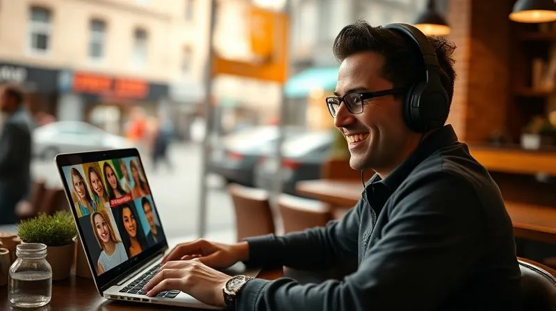 A photorealistic image of a digital nomad tutor, mid-thirties, with a warm smile, wearing headphones and actively engaging with multiple diverse student faces on a laptop screen. The tutor is in a cozy, well-lit cafe with a blurred background of a bustling city street. Cinematic lighting, sharp focus on the tutor and screen, depth of field. Professional photography, 8K hyper-detailed, shot on a high-end DSLR.