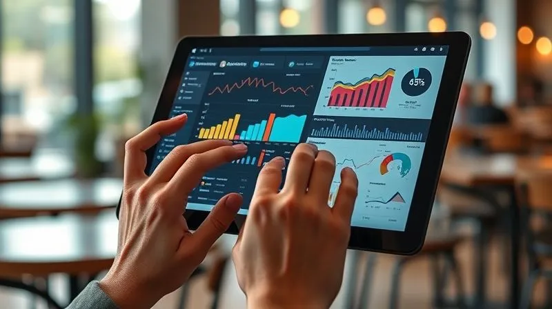 A photorealistic image of a person's hands, possibly a digital nomad tutor, analyzing complex data visualizations on a transparent tablet screen. The screen displays vibrant, interconnected graphs and charts indicating student progress and engagement metrics. The background is a blurred, modern cafe interior. Cinematic lighting, sharp focus on the data and hands, depth of field. Professional photography, 8K hyper-detailed, shot on a high-end DSLR.