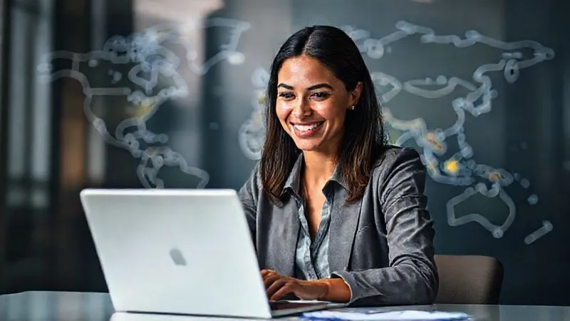 A photorealistic image of a diverse, professional female tutor smiling confidently while looking at a laptop, with a world map subtly blurred in the background, representing global reach and personal branding. Cinematic lighting, sharp focus on the tutor, depth of field, 8K hyper-detailed, shot on a high-end DSLR.