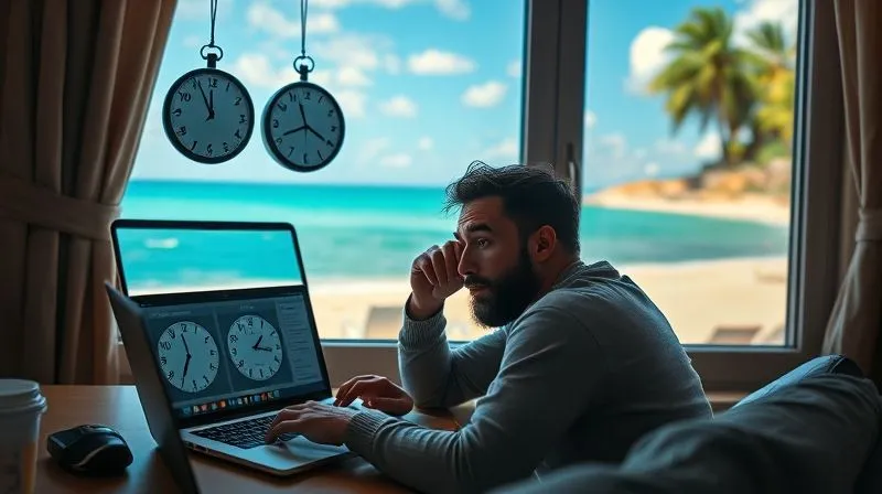 A photorealistic image of a digital nomad tutor looking slightly overwhelmed by multiple clocks showing different time zones on their laptop screen, while a beautiful but distracting beach view is visible outside a window. The scene is professional, 8K, cinematic lighting, sharp focus, depth of field, shot on a high-end DSLR, conveying the challenge of managing time and distractions while traveling.
