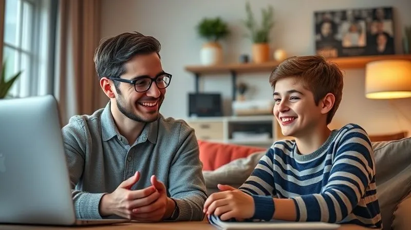 A photorealistic image of a tutor and a student engaged in an online lesson, both smiling, with a clear and stable connection. The tutor is in a cozy, well-lit remote workspace, while the student is in a home setting. The image emphasizes strong connection and positive interaction, 8K, cinematic lighting, sharp focus, depth of field, shot on a high-end DSLR, conveying successful online communication.