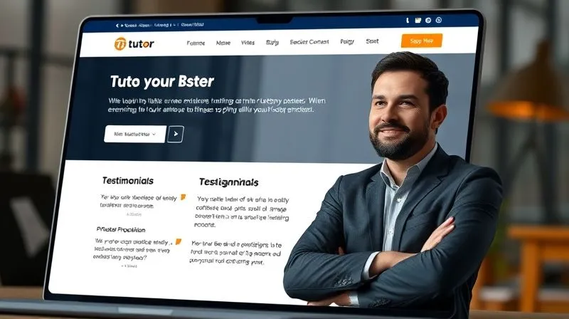 A photorealistic image of a tutor's well-designed professional website or online profile, showcasing testimonials and a clear value proposition. The layout is clean and modern, with a professional headshot of the tutor. 8K, cinematic lighting, sharp focus, depth of field, shot on a high-end DSLR, conveying trust and expertise.