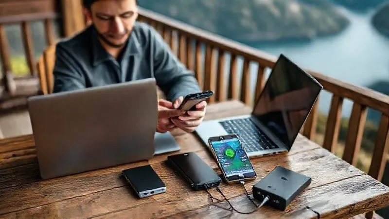 Photorealistic, professional photography, 8K, cinematic lighting, sharp focus, depth of field, shot on a high-end DSLR. A digital nomad tutor, with a calm and prepared demeanor, sitting at a rustic wooden table in a scenic outdoor setting (e.g., a balcony overlooking a lake or mountains). On the table are a sleek laptop, a portable 5G hotspot device, a smartphone displaying an eSIM app, and a robust power bank, all neatly arranged and ready for use. The tutor is checking the signal strength on their phone, embodying readiness and technological preparedness. The background is slightly blurred to emphasize the tech gear in the foreground.