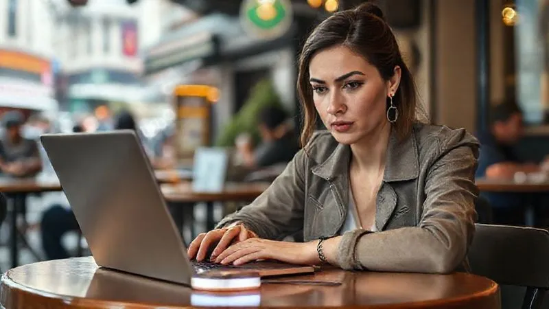 Photorealistic, professional photography, 8K, cinematic lighting, sharp focus, depth of field, shot on a high-end DSLR. A female digital nomad tutor, with a determined expression, actively engaged in an online lesson from a bustling but charming cafe in a foreign city. She is using a sleek, modern laptop, and prominently featured on the table next to it is a compact, glowing portable Wi-Fi hotspot device, clearly indicating its active use. In the background, blurred but visible, are other cafe patrons and local street life, emphasizing the dynamic and sometimes unpredictable environment of a nomad. The focus is on the tutor's ability to maintain connectivity despite her surroundings.