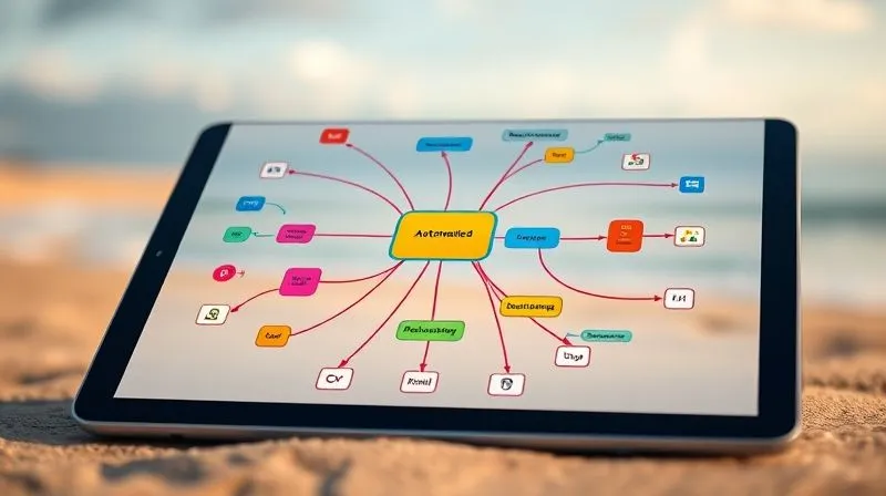A photorealistic and highly detailed mind map or flowchart, digitally rendered on a tablet screen, showing interconnected tasks and processes being streamlined. The map uses vibrant colors and clear icons to represent different task categories (e.g., email, finance, project management), with arrows indicating automated flows. Cinematic lighting, sharp focus on the tablet, depth of field blurring a distant, serene beach scene. 8K hyper-detailed, professional photography, shot on a high-end DSLR.