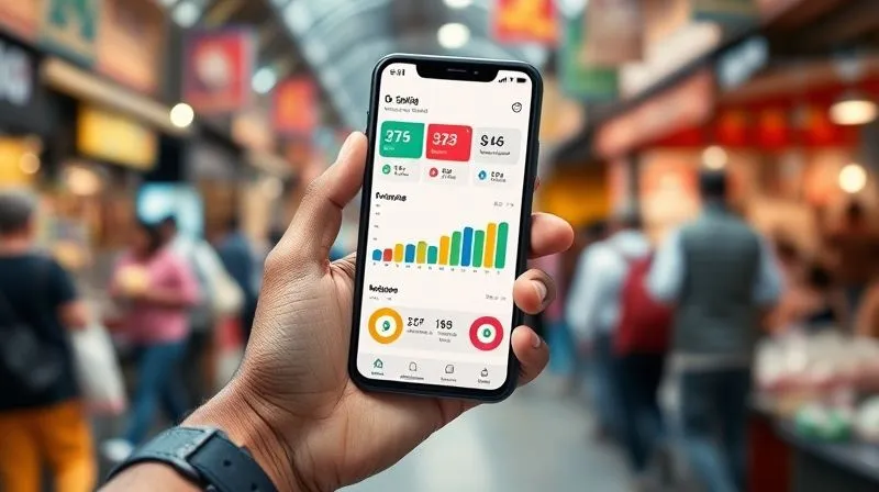 A photorealistic image of a sleek smartphone displaying a financial dashboard app. The screen shows colorful charts and graphs representing income, expenses, and budget, with a clean, modern UI. A hand (diverse ethnicity) is gently holding the phone, with a blurred background showing a vibrant, bustling marketplace, symbolizing financial management on the go. Cinematic lighting, sharp focus on the phone screen, 8K hyper-detailed, professional photography, shot on a high-end DSLR.