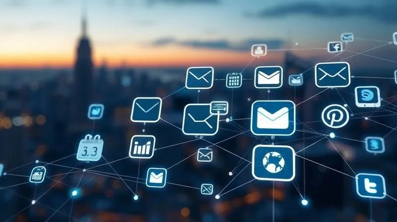 A photorealistic and intricate digital representation of data flowing seamlessly between various mobile app icons (e.g., email, calendar, project management, social media). The data flow is depicted as glowing lines and subtle animations, symbolizing automation. The background is a blurred, futuristic cityscape at dusk, hinting at global connectivity. Cinematic lighting, sharp focus on the interconnected app icons, 8K hyper-detailed, professional photography, shot on a high-end DSLR.