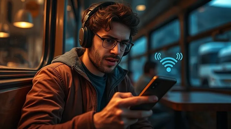 A photorealistic image of a digital nomad, looking determined yet slightly frustrated, trying to work on a smartphone with a low battery indicator, while sitting in a remote, beautiful but challenging environment (e.g., a dimly lit cafe with weak Wi-Fi, or a bus with no charging ports). A subtle overlay of network signal bars or a battery icon is visible. Cinematic lighting, sharp focus on the nomad and phone, depth of field blurring the background, 8K hyper-detailed, professional photography, shot on a high-end DSLR.