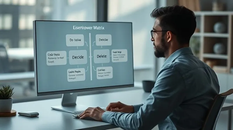 A photorealistic, professional photography of a digital nomad sitting at a minimalist desk, looking thoughtfully at a flowchart on a transparent screen, depicting the Eisenhower Matrix with tasks being sorted into 'Do', 'Delegate', 'Decide', and 'Delete' quadrants. Cinematic lighting, sharp focus on the nomad and the screen, depth of field blurring a serene, modern workspace background, 8K hyper-detailed, shot on a high-end DSLR.