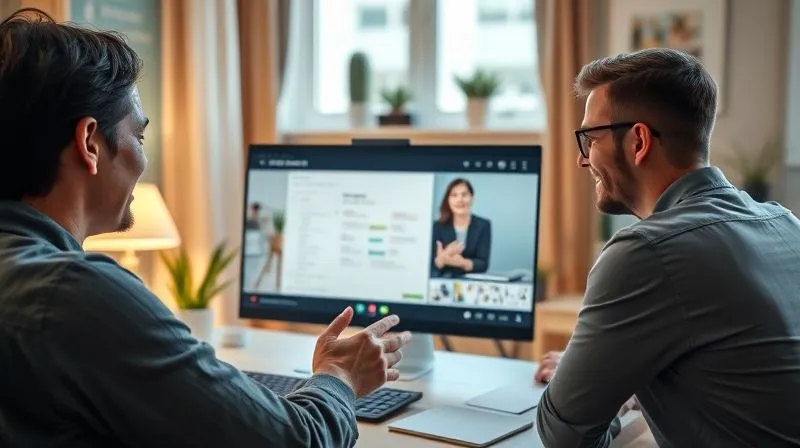 A photorealistic image of a digital nomad conducting a video call with a new remote team member. Both are smiling and engaged, with a clear, well-lit screen showing a shared document or project plan. The nomad is in a well-organized home office, and the team member is in a professional, remote setting. Cinematic lighting, sharp focus on both individuals and the screen, depth of field blurring the backgrounds, 8K hyper-detailed, professional photography, shot on a high-end DSLR.