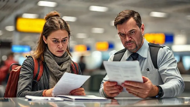 A photorealistic image of a traveler at an airport immigration desk, looking stressed as an immigration officer with a stern expression reviews their documents. The lighting is harsh, highlighting the tension. Sharp focus on the faces and documents, depth of field blurring the busy airport background, 8K hyper-detailed, professional photography, shot on a high-end DSLR.