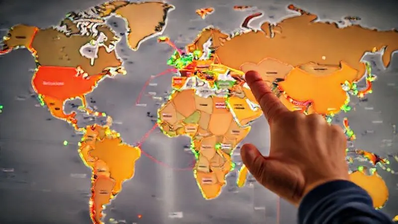 A photorealistic image of a detailed world map with glowing red and green lines indicating travel routes and visa-free zones, with a focus on Europe and Southeast Asia. The map is overlaid with a digital interface showing days remaining on a visa. Cinematic lighting, sharp focus on the map and interface, depth of field blurring a traveler's hand pointing, 8K hyper-detailed, professional photography, shot on a high-end DSLR.