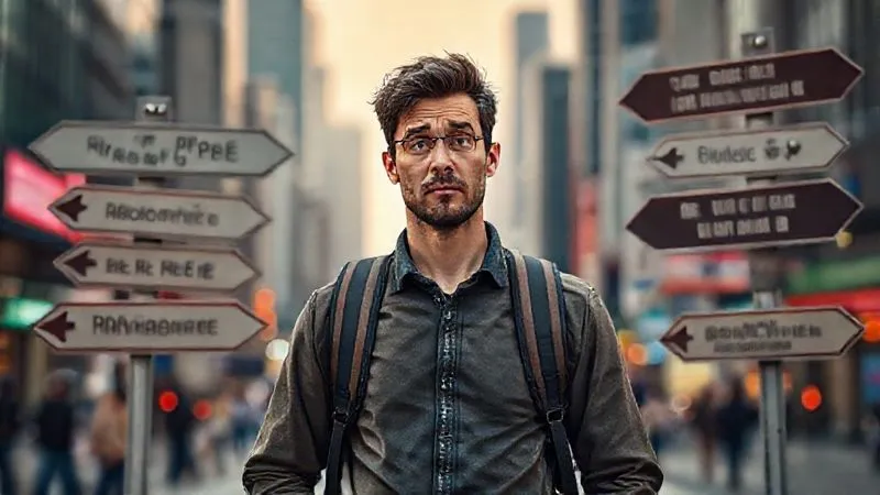 A photorealistic image of a confused traveler standing at a crossroads of multiple signs, each pointing to a different visa type or immigration rule, with a puzzled expression. The background is a blurred, bustling city. Cinematic lighting, sharp focus on the traveler and signs, depth of field blurring the city, 8K hyper-detailed, professional photography, shot on a high-end DSLR.