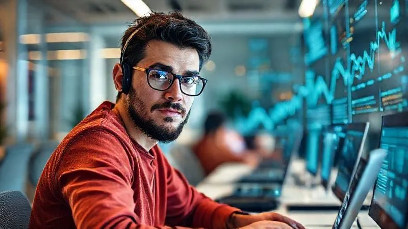 A photorealistic image of a digital nomad in a modern, minimalist co-working space, surrounded by holographic data streams and trend charts, with a determined yet curious expression. Cinematic lighting, sharp focus on the individual and the data, depth of field blurring the background, 8K hyper-detailed, professional photography, shot on a high-end DSLR.