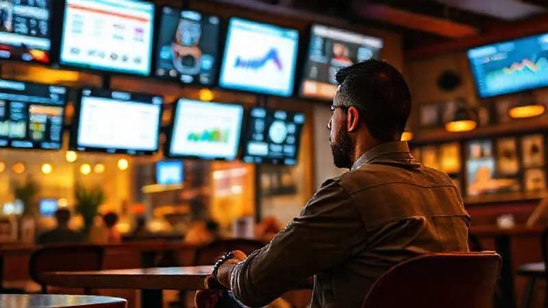 A photorealistic image of a digital nomad sitting in a vibrant cafe, surrounded by multiple glowing screens, each displaying a different revenue stream (e-commerce, online course, affiliate dashboard, SaaS metrics). Cinematic lighting, sharp focus on the individual and the diverse screens, depth of field blurring the cafe background, 8K hyper-detailed, professional photography, shot on a high-end DSLR.