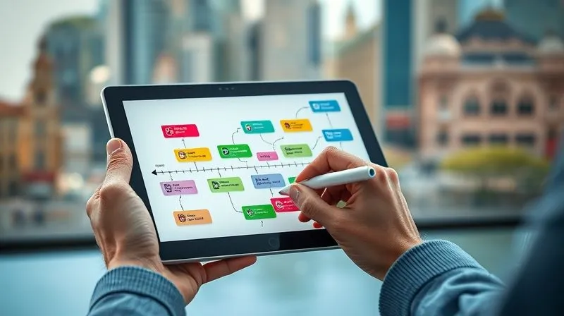 A photorealistic image of a person's hand drawing a flexible, interconnected timeline on a digital tablet, with various colorful blocks representing different tasks and periods, set against a blurred background of diverse travel locations. The image should convey organization and adaptability. Professional photography, 8K hyper-detailed, cinematic lighting, sharp focus on the tablet, depth of field blurring the background, shot on a high-end DSLR.