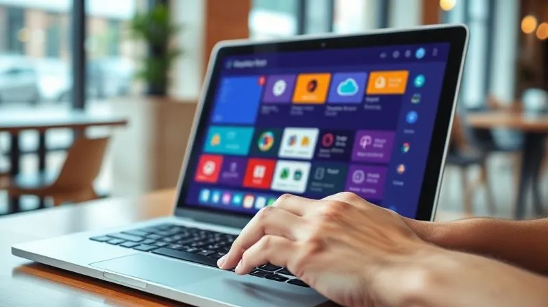 A photorealistic close-up of a sleek, modern laptop screen displaying a vibrant dashboard of interconnected productivity apps (e.g., project management, communication, cloud storage icons). Hands are lightly typing on the keyboard. The background is a soft blur of a scenic cafe or co-working space, emphasizing the digital tools as central to the nomad's workflow. Professional photography, 8K hyper-detailed, cinematic lighting, sharp focus on the screen, depth of field blurring the background, shot on a high-end DSLR.