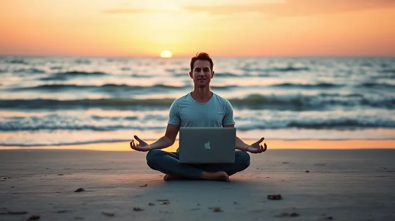 A photorealistic image of a digital nomad (male or female) meditating peacefully on a tranquil beach at sunrise, with a laptop closed beside them, symbolizing balance between work and well-being. The ocean waves are gently lapping, and the sky is painted with soft, warm colors. The mood is serene and reflective. Professional photography, 8K hyper-detailed, cinematic lighting, sharp focus on the meditating figure, depth of field blurring the background, shot on a high-end DSLR.