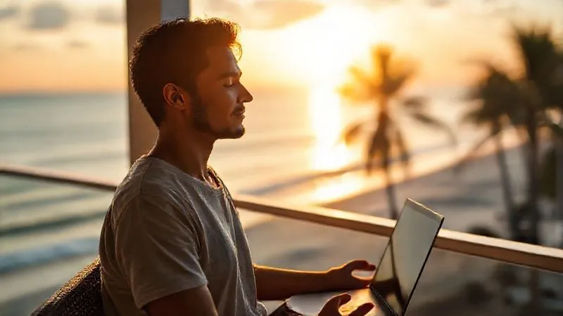 A photorealistic image of a digital nomad meditating peacefully at sunrise on a balcony overlooking a serene beach, laptop closed beside them. The soft, golden cinematic lighting illuminates their calm expression. Sharp focus on the individual, with the tranquil ocean and distant palm trees subtly blurred in the background. Professional photography, 8K hyper-detailed, shot on a high-end DSLR.