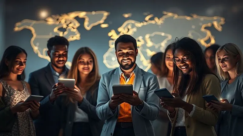 A photorealistic image of a diverse group of people from different continents, each holding a glowing digital device, connected by subtle lines of light, symbolizing global communication and shared knowledge. The background is a softly blurred world map, cinematic lighting, sharp focus on the people, depth of field, 8K hyper-detailed, professional photography, shot on a high-end DSLR.