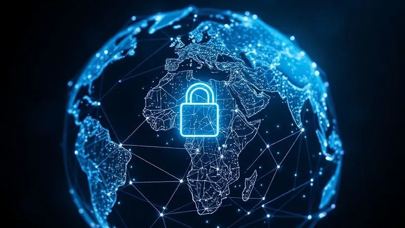 A photorealistic image of a complex network of glowing data lines connecting different global cities on a dark earth globe, with a padlock icon overlaid, symbolizing secure and fast global internet infrastructure. Cinematic lighting, sharp focus on the network, depth of field, 8K hyper-detailed, professional photography, shot on a high-end DSLR.