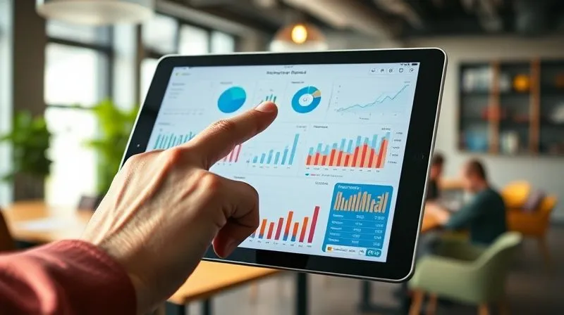 A photorealistic close-up of a digital nomad's hand pointing at a tablet displaying a complex data dashboard with clear, actionable insights and vibrant growth charts. The background shows a modern co-working space with soft, natural light. Cinematic lighting, sharp focus on the tablet, depth of field blurring the background. 8K hyper-detailed, professional photography, shot on a high-end DSLR.
