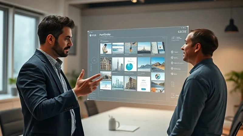 A photorealistic image of a digital nomad presenting an interactive, animated portfolio on a large, transparent holographic screen to a potential client, who is visibly impressed. The setting is a minimalist, modern office with soft lighting. Cinematic lighting, sharp focus on the holographic screen and faces, depth of field blurring the background. 8K hyper-detailed, professional photography, shot on a high-end DSLR.