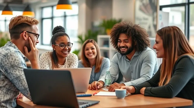 A photorealistic image of a diverse group of digital nomads collaborating happily in a vibrant co-working space, with one nomad receiving positive feedback on their portfolio from a smiling client via video call on a laptop. The scene exudes professionalism and connection. Cinematic lighting, sharp focus on the interaction, depth of field blurring the background. 8K hyper-detailed, professional photography, shot on a high-end DSLR.
