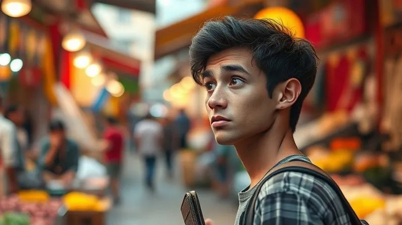 Photorealistic image of a digital nomad looking at a vibrant, bustling street market with a thoughtful, slightly overwhelmed expression, holding a small wallet. Cinematic lighting, sharp focus on the nomad's face, depth of field blurring the market, 8K hyper-detailed, professional photography, shot on a high-end DSLR.