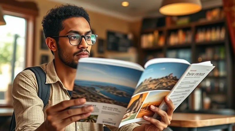 Photorealistic image of a digital nomad thoughtfully comparing two brochures for different travel experiences, one clearly more expensive than the other, with a focused and discerning expression. The background is a vibrant, sunlit cafe. Cinematic lighting, sharp focus on the brochures and nomad's hands, depth of field blurring the background, 8K hyper-detailed, professional photography, shot on a high-end DSLR.