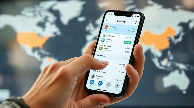 Photorealistic image of a digital nomad's hand using a banking app on a smartphone, showing automated transfers and budget categories, with a world map blurred in the background. The scene is clean, modern, and efficient. Cinematic lighting, sharp focus on the smartphone screen, depth of field blurring the background, 8K hyper-detailed, professional photography, shot on a high-end DSLR.