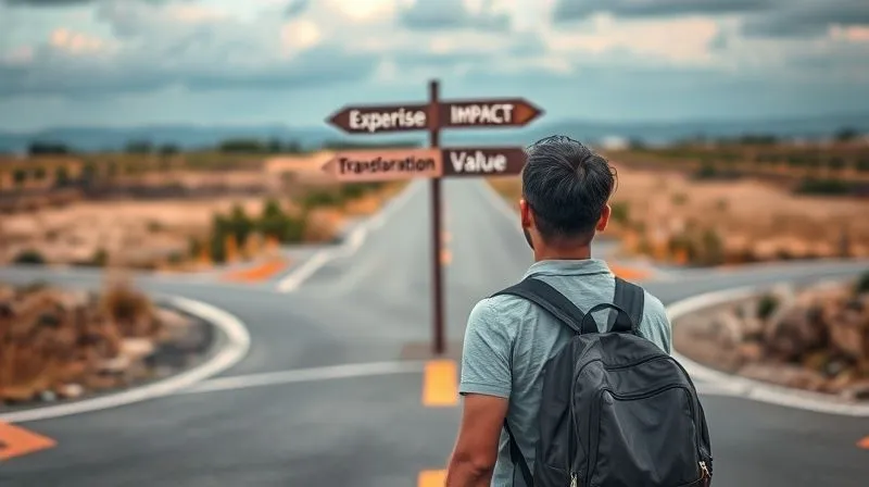A photorealistic image of a person standing at a crossroads, looking at signs pointing to 'Expertise', 'Impact', 'Transformation', and 'Value'. The person is a digital nomad with a backpack, contemplating their unique path. Cinematic lighting, sharp focus, depth of field, 8K hyper-detailed, professional photography.