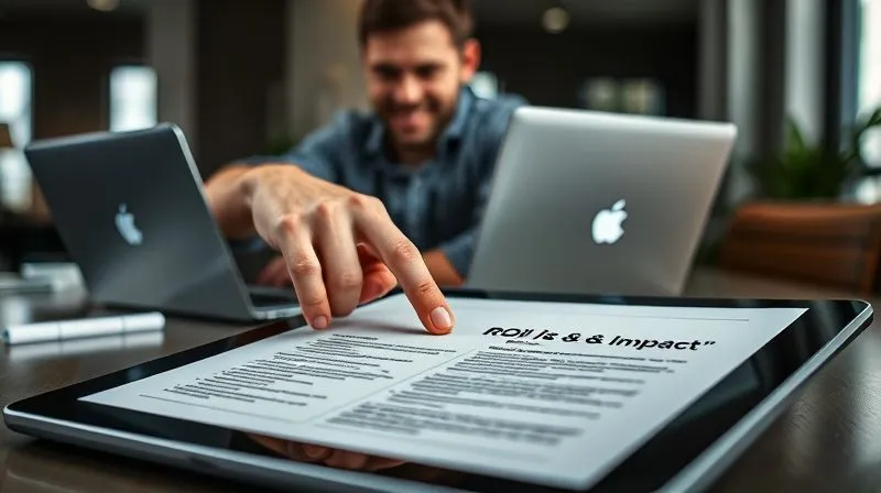 A photorealistic image of a professional business proposal document open on a tablet, with a hand pointing to a section detailing 'ROI & Impact'. In the background, a digital nomad works on a laptop, a satisfied expression on their face. Cinematic lighting, sharp focus on the proposal, depth of field, 8K hyper-detailed, professional photography.